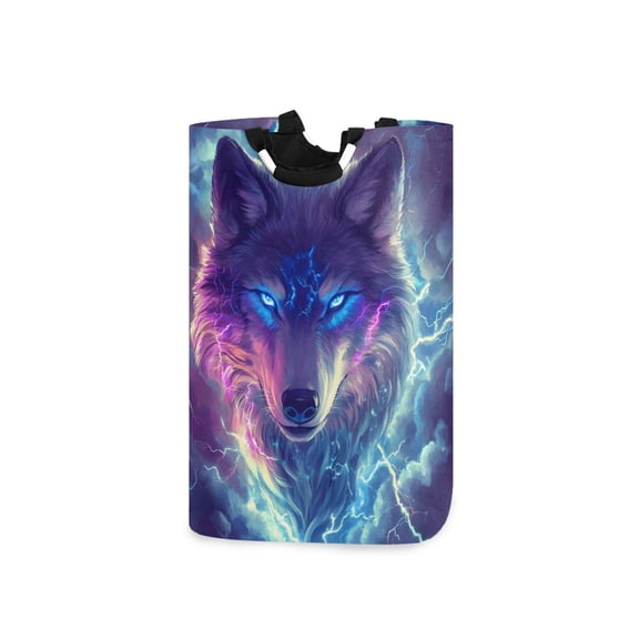 Fierce Wolf Head Clouds Lightning Laundry Basket with Handles Foldable Laundry Hamper Freestanding Washing Bin 50L