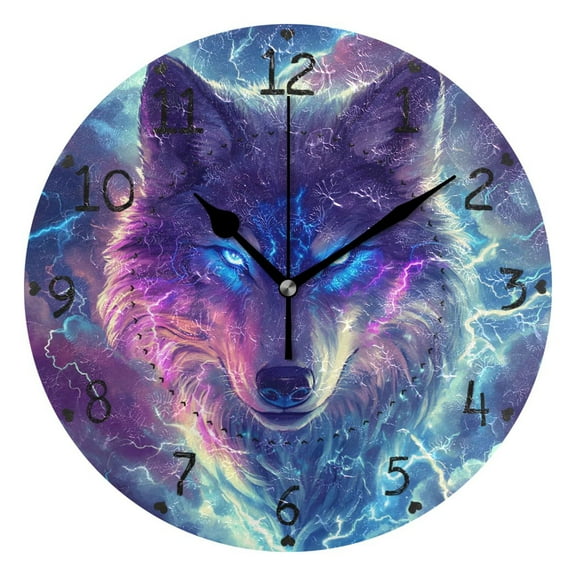 Fierce Wolf Head Clouds Lightning Round Wall Clock Silent Analog Battery Operated Black Pointer Home Decor 9.84" Diameter