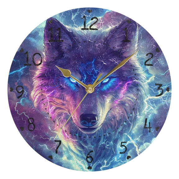 Fierce Wolf Head Clouds Lightning Round Wall Clock Silent Analog Battery Operated Gold Pointer Home Decor 9.84" Diameter