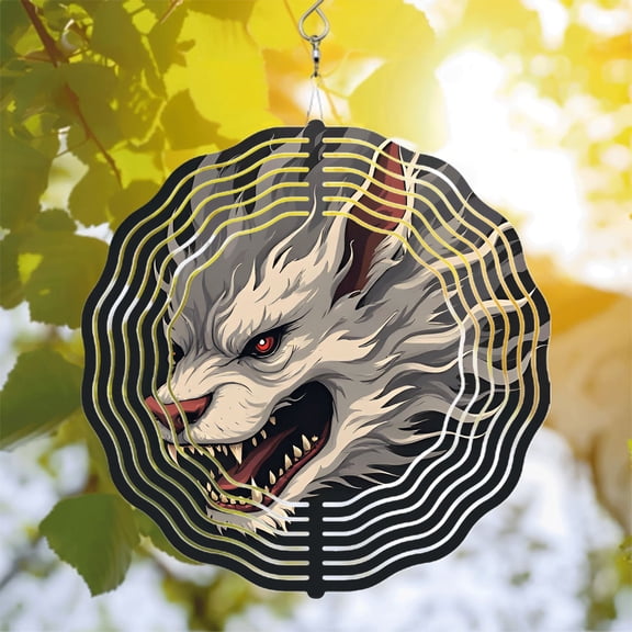 Fierce Wolf Metal Wind Spinner & Chime - Dynamic Gray & White Design with Glowing Red Eyes Perfect for Yard & Garden Decor