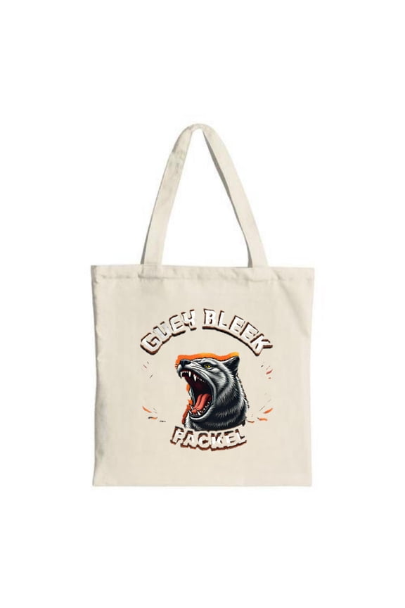 Fierce Wolf Tote Bag - Bold ' GIEH BLEEK PACKEL ' Design with Orange Accents Perfect for Shopping Travel & Parties