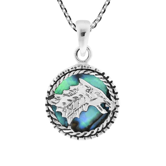 Fierce and Noble Wolf Abalone Shell Sterling Silver Round Pendant Necklace