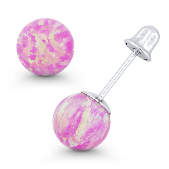 Fiery Angel-Skin Pink Synthetic Opal Ball Bell-Type Screwback Stud Earrings in 14k White Gold