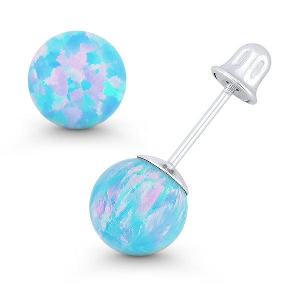 Fiery Azure-Blue Synthetic Opal Ball Bell-Type Screwback Stud Earrings in 14k White Gold