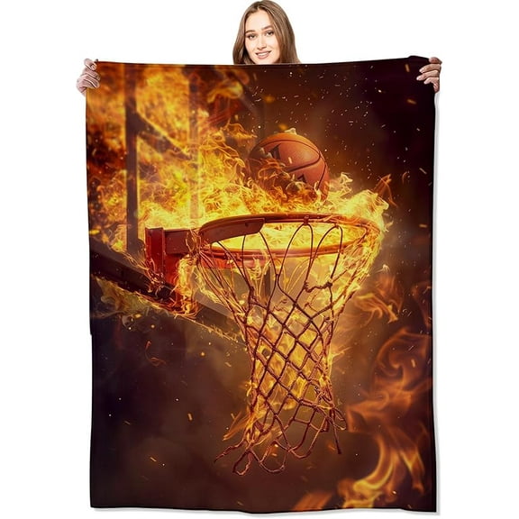 Fiery Basketball Blanket Dynamic Ball Hoop in Flames Throw Blankets,Birthday Gifts for Adult & Sport Lovers,Lightweight Soft Fleece for Sofa Couch Bed Room Travel Decor 40x50in