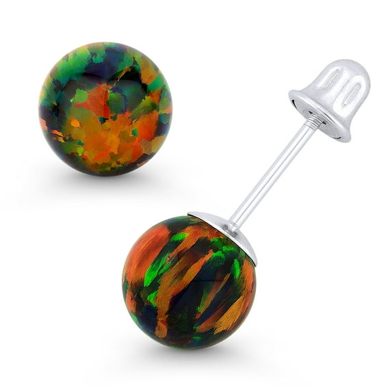 Fiery Black Synthetic Opal Ball Bell-Type Screwback Stud Earrings in 14k White Gold