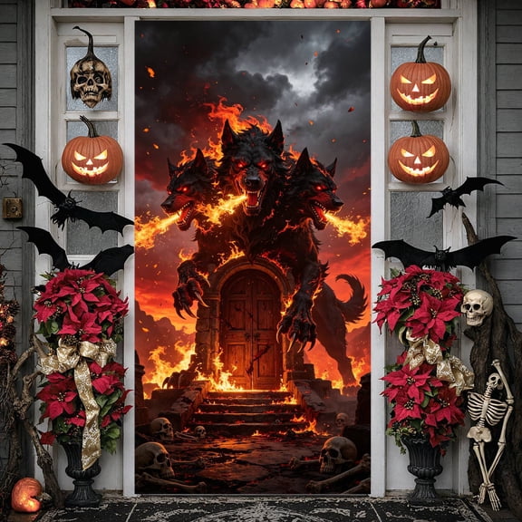 Fiery Design Hell Hound Banner Dark Gothic Style Horror Display Skeleton Flame Decoration Mythical Creature Backdrop for Halloween Party Horror Themed Event Haunted House Decor