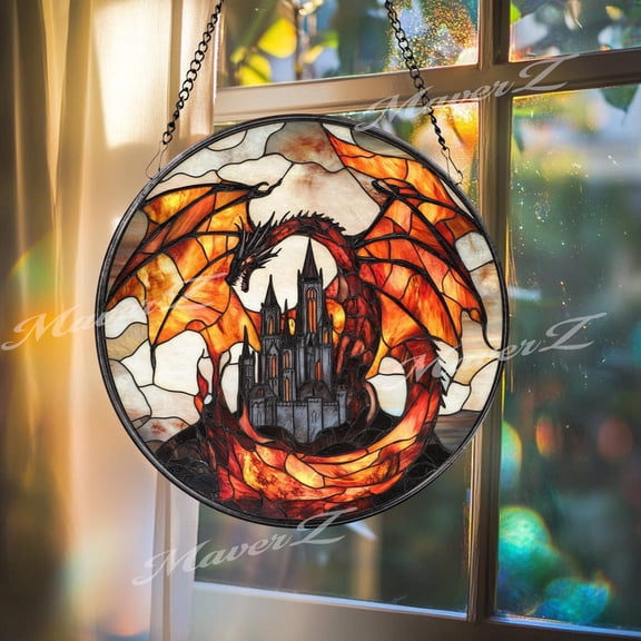 Fiery Dragon Glass Suncatcher, Gothic Castle Window Decor, 7.9 in
