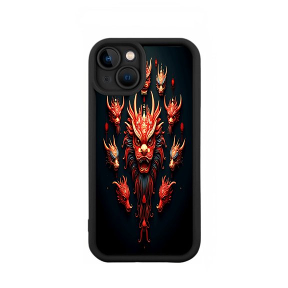 Fiery Dragon Motif iPhone 15 Case - Lightweight Yellowing Resistant Vibrant Red & Orange Design Dark Background Symmetrical Dragons