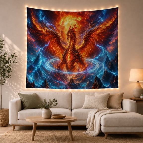 Fiery Dragon Rising in Stormy Mountains, Dramatic Elemental Fantasy Art for Fantasy Decor Fans, Dragon Wall Art Halloween Gift Tapestry Wall Hanging for Bedroom, Living Room and Dorm