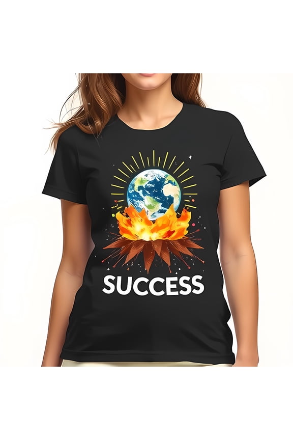 Fiery Explosion Earth Graphic T-Shirt - Bold 'SUCCESS' Design on Black Tee for Ambition & Achievement