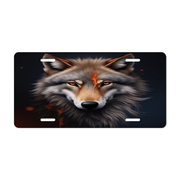 Fiery-Eyed Wolf Portrait Car Decorative Front License Plate,Vanity Tag,Metal Car Plate,Aluminum Novelty License Plate for Men/Women Car,6 X 12 Inch