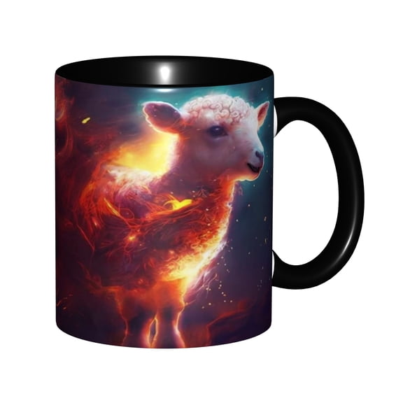 Fiery Fantasy Sheep Ceramic Mug, 11oz Two-Tone Coffee Cup with Black Rim and Handle for Office and Home, Cute Lamb Gift