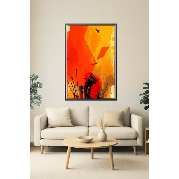 Fiery Flight – Abstract Bird Silhouette Nature Art Poster 【Rolled Canvas】