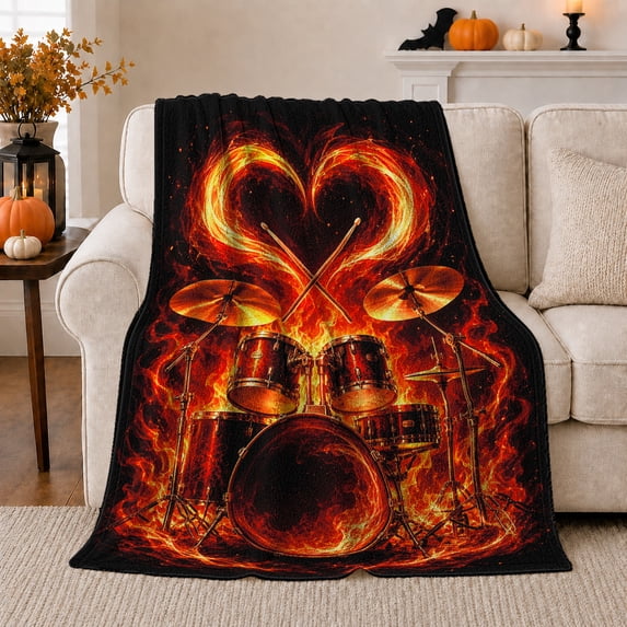 Fiery Heart Drum Set on Black, Bold Music Style for Drummers, Flame Rhythm Graphic and Father's Day Gift, Warm Flannel Blanket for Music Room and Garage, Home Decor