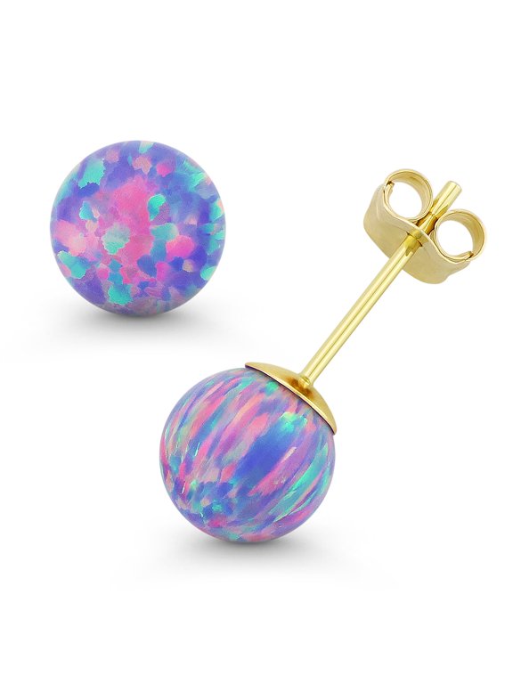 Fiery Lavender Lab Opal Ball Butterfly-Pushback Stud Earrings in 14k Yellow Gold