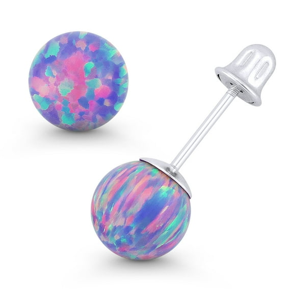 Fiery Lavender Synthetic Opal Ball Bell-Type Screwback Stud Earrings in 14k White Gold