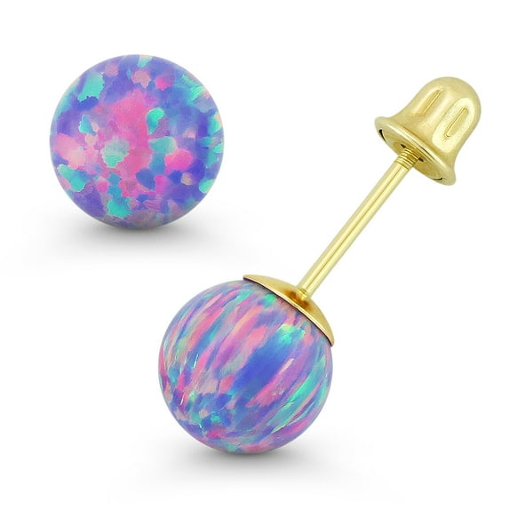 Fiery Lavender Synthetic Opal Bell-Type Screwback Stud Earrings in 14k Yellow Gold