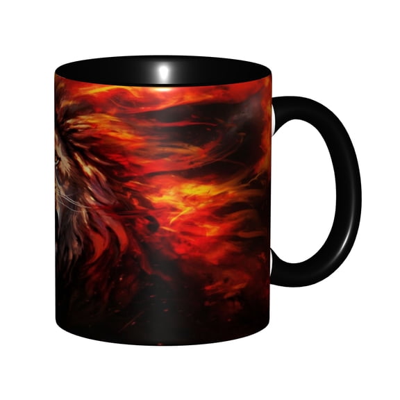 Fiery Lion Coffee Mug, Two-Tone Black 11oz Ceramic Tea Cup with Flame Lion Art, Cool Gift for Men and Lion Lovers
