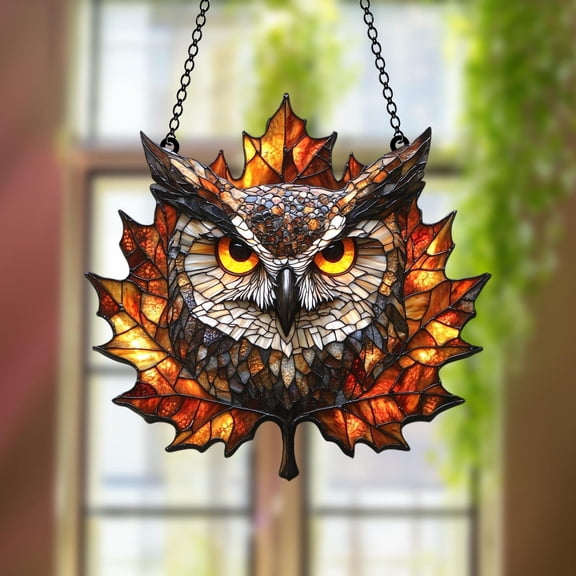 Fiery Maple Leaf Owl Faux Stained Glass Suncatcher  Autumn Forest Window Hanging With Glowing Amber Eyes, Cabin Decor Gift for Owl Lovers