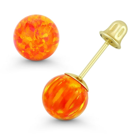 Fiery Orange & Red Synthetic Opal Bell-Type Screwback Stud Earrings in 14k Yellow Gold