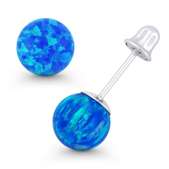 Fiery Pacific-Blue Synthetic Opal Ball Bell-Type Screwback Stud Earrings in 14k White Gold