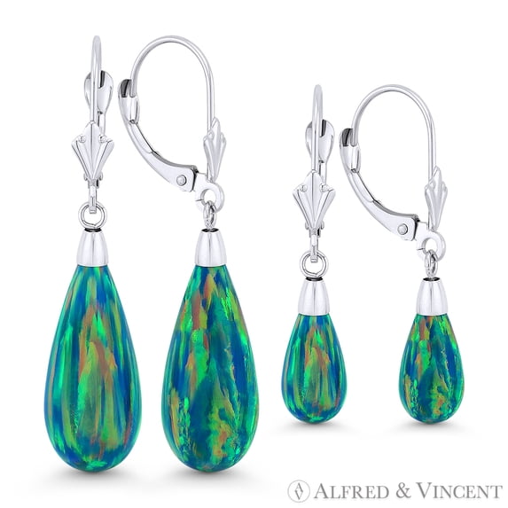 Fiery Peacock Blue Synthetic Opal Leverback-Post Dangling Tear-Drop Earrings in 14k White Gold
