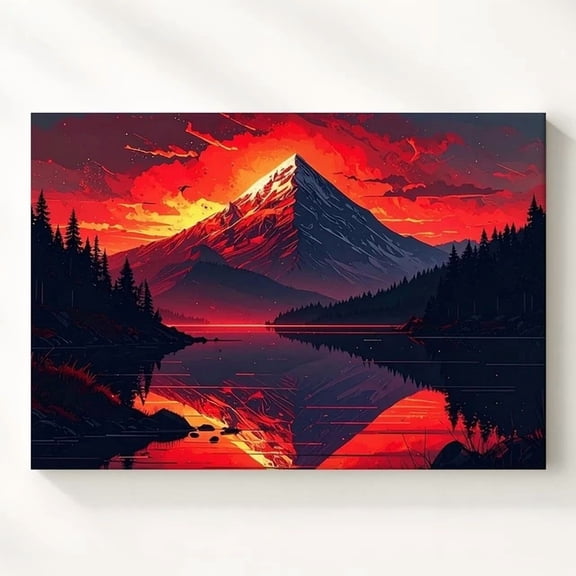 Fiery Peak Reflection Postervertical Fantasy Sunset Mountain Wall Art Modern Art