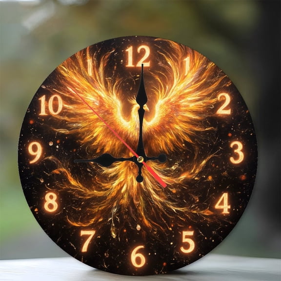 Fiery Phoenix Clock Wall Decor Home Art Gift 10-Inch Silent Wooden Wall Clock, Battery Operated (AA Batteries Not Included), Artistic Home Decor