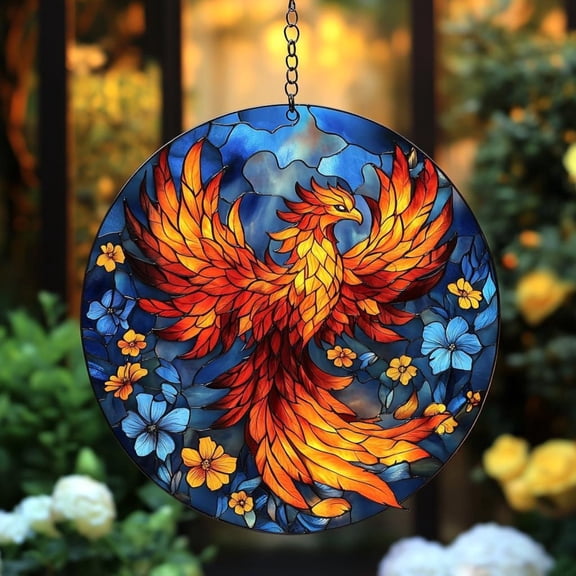 Fiery Phoenix Glass Suncatcher Window Hanging  Floral Sunbird Ornament For Spiritual Decor Or Gift For Her