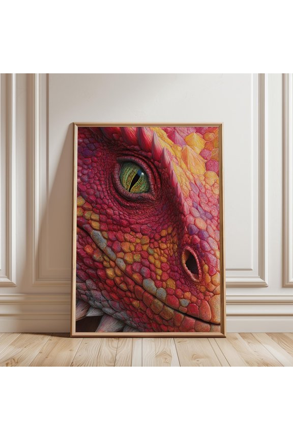 Fiery Red Dragon Eye Print Detailed Scales Fantasy Creature Wall Art, Unframed Paper Print