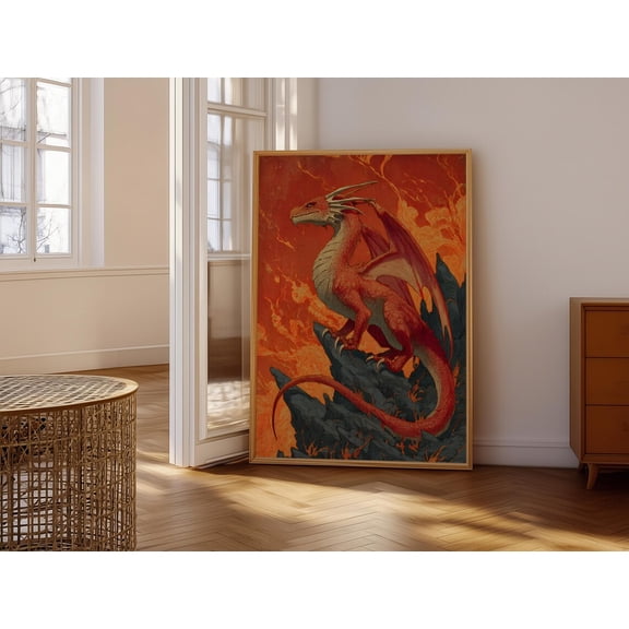 Fiery Red Dragon Fantasy Whimsical Animal Nature Portrait Wall Art Decor Unframed Paper Print