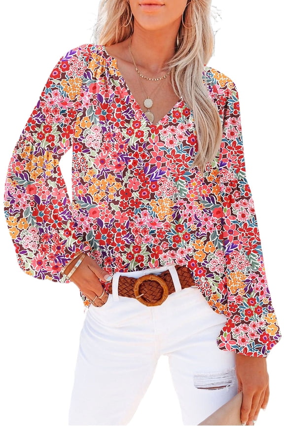 Fiery Red Floral Print V Neck Long Puff Sleeve Top for Women | [ZhiHiMeRi] | (US 18-20)2XL
