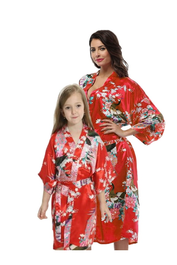 Fiery Red Mommy and Me Robes, Floral, Satin Feel