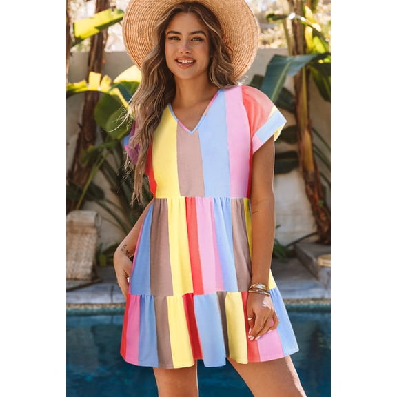 Fiery Red Multicolor Striped Color Block Tiered Mini Dress