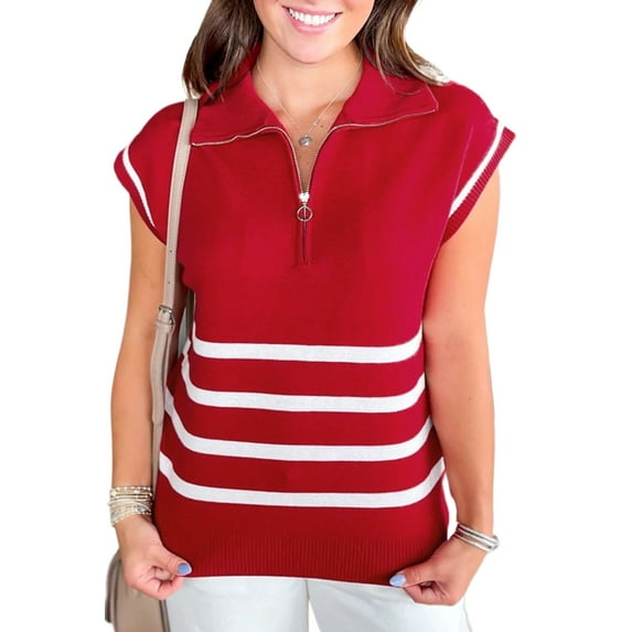 Fiery Red Quarter Zip Sweater with Stripes for Women's Vacation Outfits | M