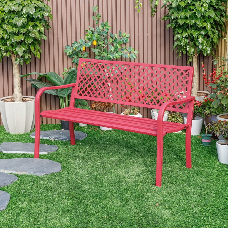 Red Metal Outdoor Bench 8' Expanded Metal Park Bench With Back