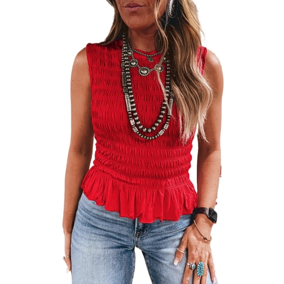 Fiery Red Shirred Tank Top for Women – Slim Fit Ruffle Hem, Sleeveless Round Neck Style, XL