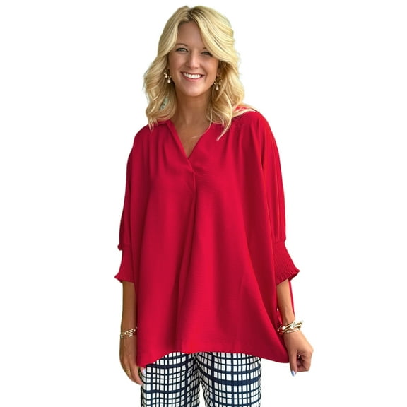 Fiery Red V Neck Collared Shirred 3/4 Sleeve Oversized Tunic Top for Women | [ZhiHiMeRi] | XL
