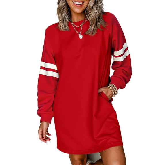 TinyCribz Fiery Red Long Sleeve Dress, Casual Varsity Pocket Shift L