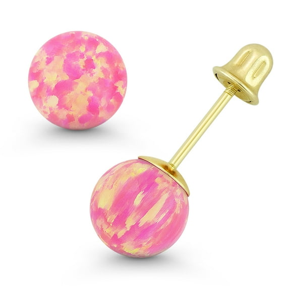 Fiery Royal-Pink Synthetic Opal Bell-Type Screwback Stud Earrings in 14k Yellow Gold