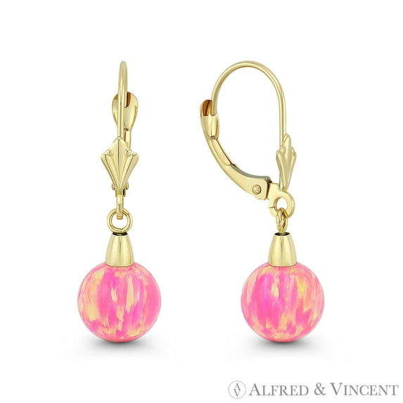 Fiery Royal Pink Synthetic Opal Leverback-Post Dangling Ball Earrings in 14k Yellow Gold