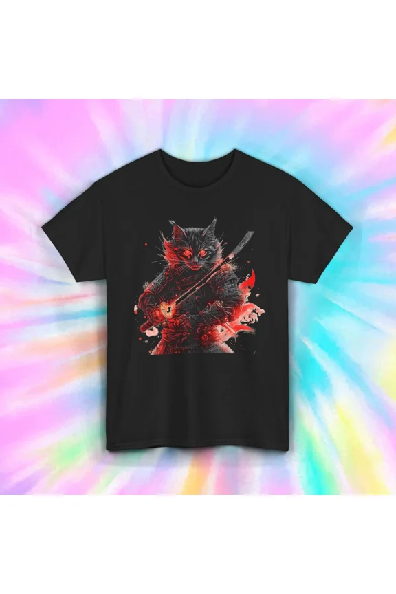 Fiery Samurai Cat Cool Katana Warrior Anime Style Gift Top Unisex T-Shirt up to size 5XL