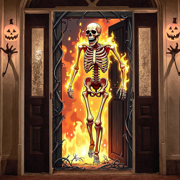 Fiery Skeleton Halloween Banner Decorative Design Flaming Skull Polyester Material for Halloween Party Scary Decor Indoor Decoration Haunted House