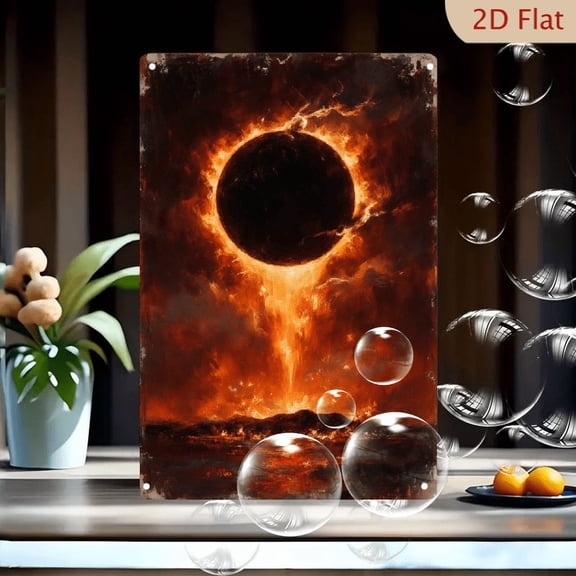 Fiery Solar Eclipse Art on Metal, 8x12 Inches, Dramatic Celestial Painting with Orange Corona and Mountain Landscape, Modern Wall Decor for Living Room