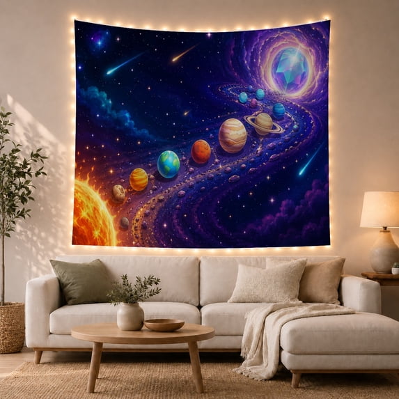 Fiery Sun with Planet Path in Deep Space, Dramatic Celestial for Astronomy Fans, Cosmic Journey Wall Art, Housewarming Gift, Tapestry Wall Hanging for Bedroom and Living Room