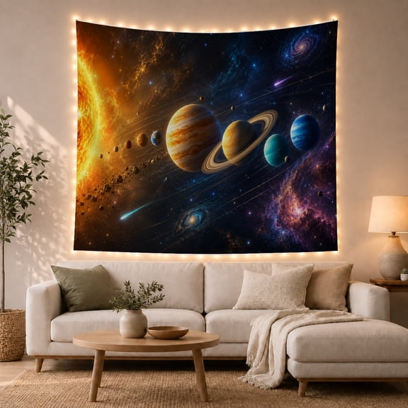 Fiery Sun with Planets and Nebulas in Star Field, Dramatic Celestial Style for Space Lovers, Solar System Wall Art, Housewarming Gift, Tapestry Wall Hanging for Bedroom and Dorm