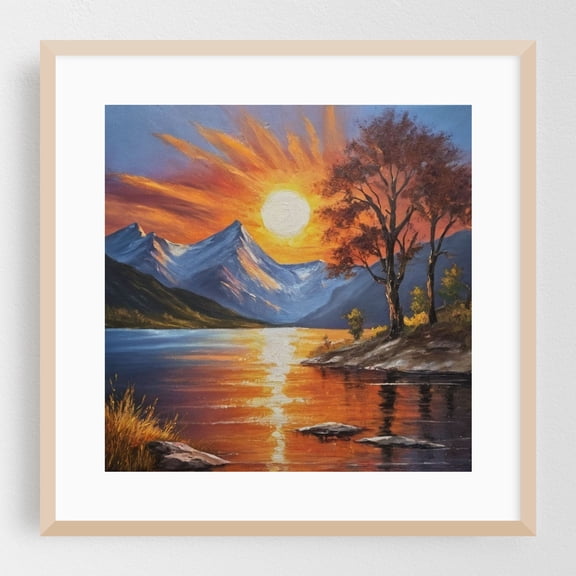 Fiery Sunset Over Serene Lake - Painting Sunset Landscape Mountain Lake Nature Autumn Scenic Oak Framed Wall Art Print 8 x 8 inches