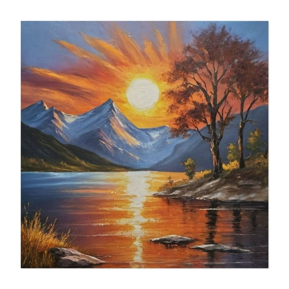 Fiery Sunset Over Serene Lake - Painting Sunset Landscape Mountain Lake Nature Autumn Scenic Unframed Wall Art Print 6 x 6 inches