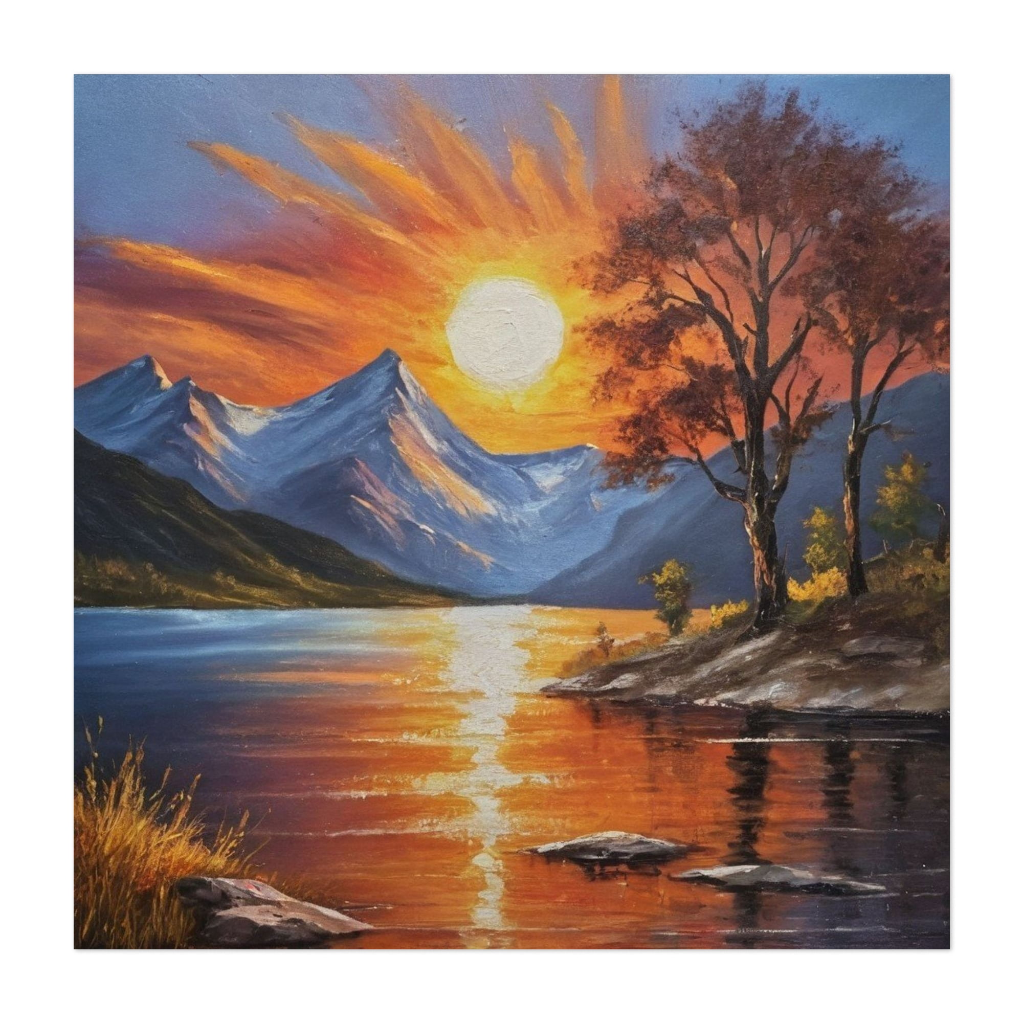 Fiery Sunset Over Serene Lake - Painting Sunset Landscape Mountain Lake ...